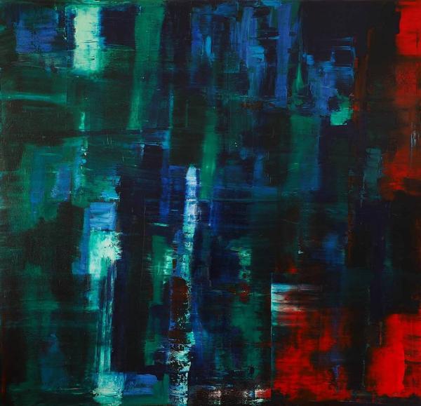 Catherine Timotei, Reflection Green, Blue on Red,Oil on Canvas, 79'' x 75''