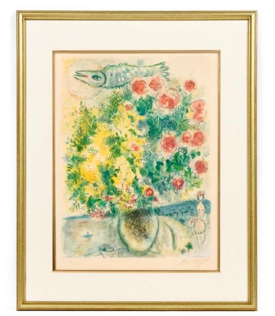 Charles Sorlier limited edition color lithograph (#69/75) on Arches paper of an artwork after Marc Chagall (1887-1985), titled Roses et Mimosas (est.  $10,000-$20,000).