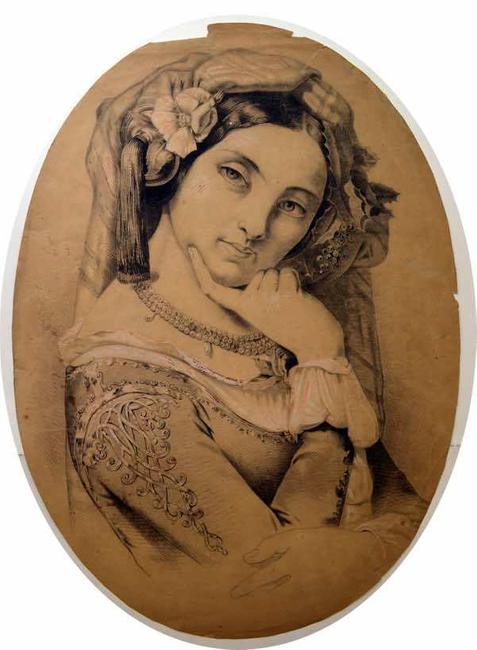 Charcoal and pencil drawing of a young woman, drawn circa 1860s-1870s (from the R.  Laubenheimer Family Archives)