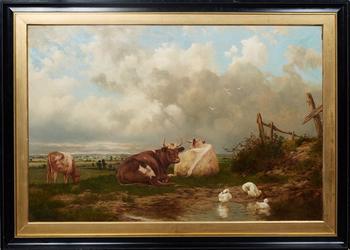 This oil on canvas painting by Charles Coumont (Belgian, 1822-1889), titled Animals in Landscape, unsigned and housed in a gilt and ebonized frame, has an estimate of $1,000-$1,500.