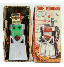 Yoshiya Chief Robotman battery-op tin toy in the box, made in Japan around 1955, graded C8+, with minimal signs of wear, bright chrome and near-mint paint (est.  $600-$900).