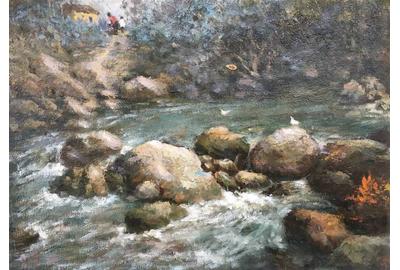 Chijia He, Rural Stream,Oil on Canvas,16''x 22''