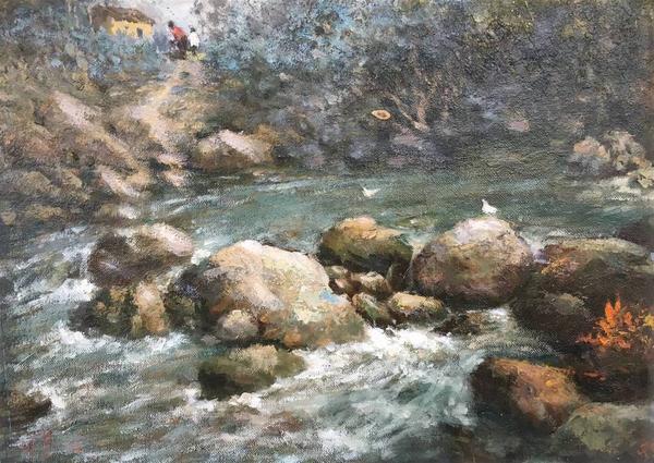 Chijia He, Rural Stream,Oil on Canvas,16''x 22''