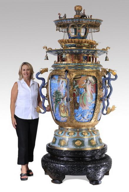 This finely detailed and palace-size Chinese enamel cloisonne and gilt metal censor, 96 inches tall, will be sold by Great Gatsby's, Aug.  29-30 in Atlanta, Georgia.