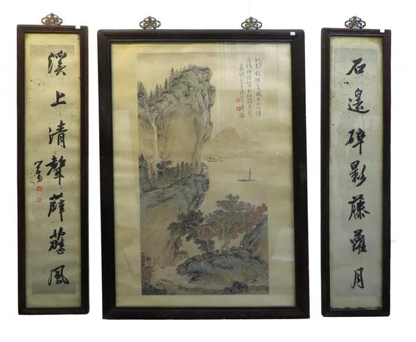 This framed set of three Chinese paintings, all on paper, with a mountain scene flanked by calligraphic banners, is expected to realize $2,000-$3,000.