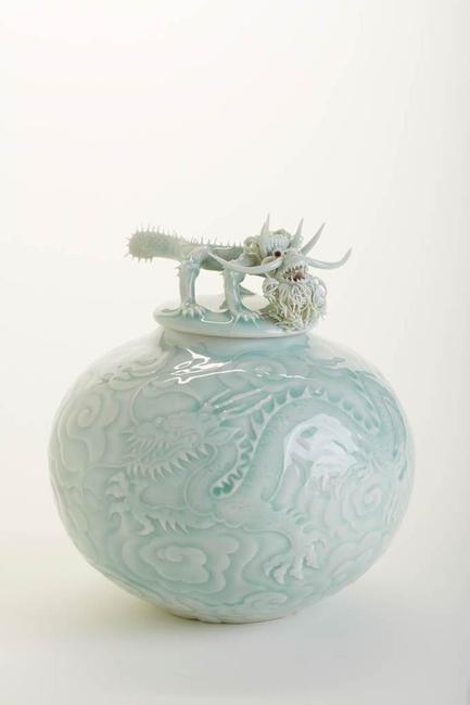 Dragon Vase: Wheel-Thrown sculpted, carved and applied celadon porcelain