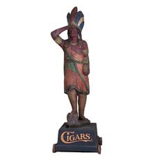 Carved and painted cigar store Indian attributed to Thomas V.  Brooks, circa 1900, overall height 89 inches, from the Peter Tillou collection (est.  $30,000-$50,000).