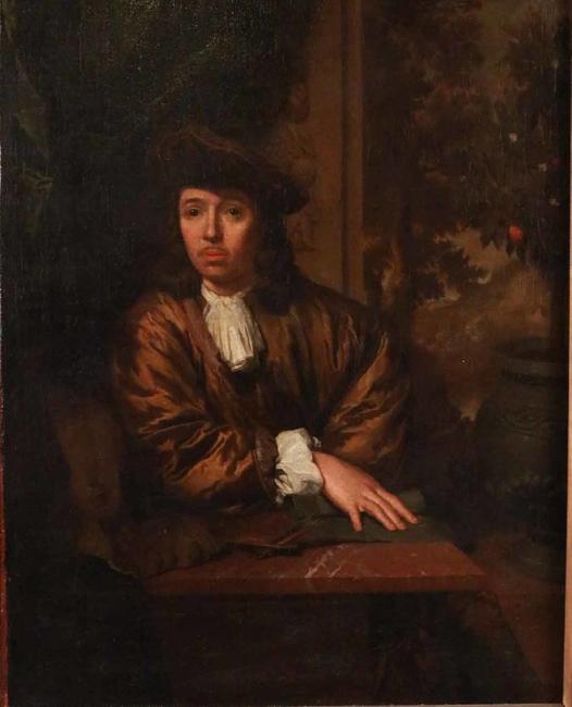 Oil on canvas Portrait of an Artist from the Circle of Caspar Netscher (Heidelberg 1639-1684 The Hague, the Netherlands).  The half-length portrait is signed “Netscher f”.