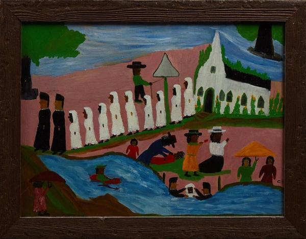 Oil on board painting by Louisiana folk artist Clementine Hunter (1886-1988), titled Baptism (circa 1950), signed lower right,17 ½ inches by 23 ½ inches (est.  $3,000-$5,000).