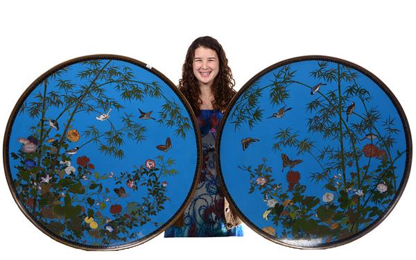 Massive pair of cloisonne chargers, each one 36 inches in diameter, featuring a beautiful blue background with colorful bamboo, floral, butterfly and bird motif.