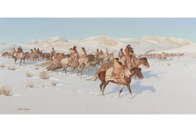 John Clymer (1907-1989), Moving Camp, oil on canvas, 19.5 x 39.5, $150,000-$250,000