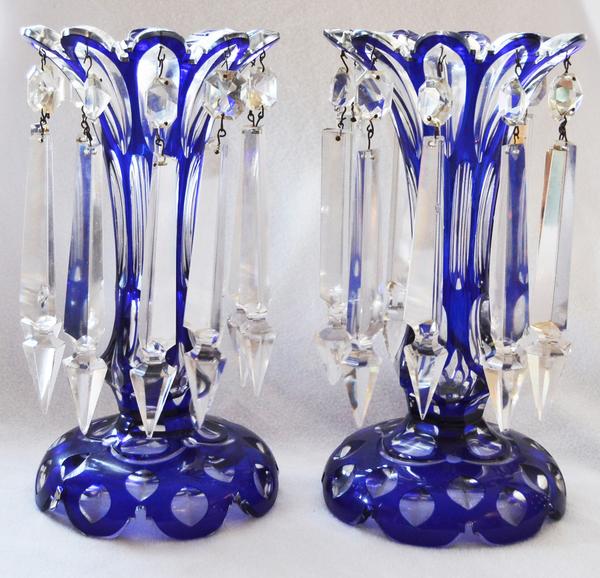 This lovely pair of late 19th century blue cut to clear Bohemian cobalt lusters will be sold on Saturday, Jan.  31st, in Panama City, Fla.