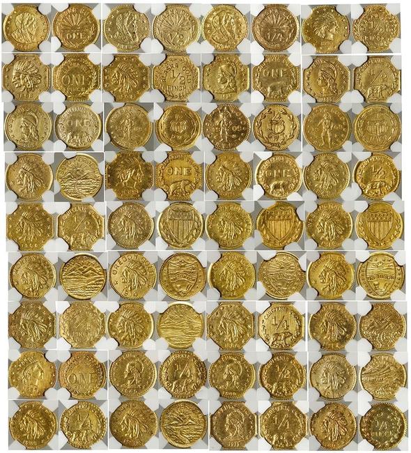 Outstanding 36-coin "Harts Coins of the West" set of gold coins (or tokens), a colorful commemoration of all U.S.  gold rush locales, in grades from MS 63 to MS 66 ($41,572).