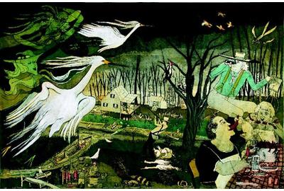 Warrington Colescott, (American, born 1921), Audubon in the Atchafalaya (Snowy Egret), 1994, from Suite Louisiana, softground etching and aquatint, with roulette, and relief rolls through stencils, edition: 2/25, 31 ½ x 47 ½ inches, Jule Collins Smith Museum of Fine Art, Auburn University; gift of Lynn Barstis Williams to the Imprinting the South Collection