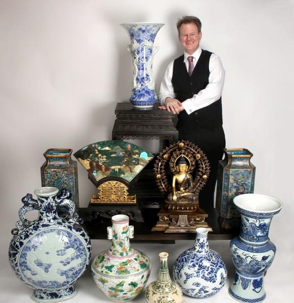 Owner Todd Converse with some of the items up for bid in his Important Spring Chinese Auction, set for Friday, May 4th.