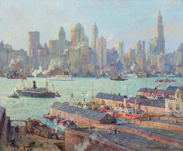 Oil on board painting by Colin Campbell Cooper (Am., 1856-1937), titled New York From Brooklyn, artist signed, 25 inches by 30 inches (est.  $200,000-$300,000).