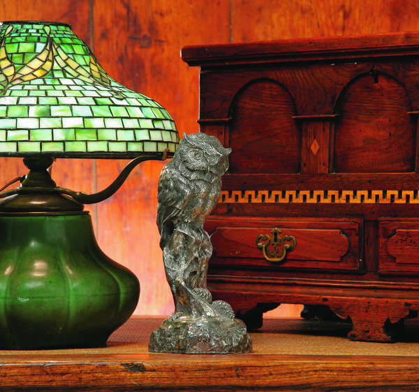 The cover of Garth's January 16th Americana & Decorative arts auction displays the depth of the sale with a lamp by Tiffany & Co., a silver owl figure by Tom Griscom, and a Chester County, Pennsylvania miniature blanket chest.