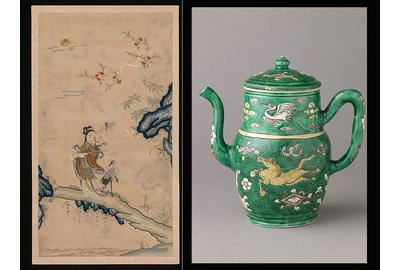 Left: Fairy and Crane, Embroidery with silk from the Qing Dynasty.  Right: Covered ewer, Porcelain painted in enamels from the Qing Dynasty