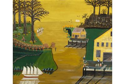 Earl Cunningham (1893-1977), "Life on the Waterfront", c.  1955, Oil on fiberboard, 20 x 24 in.