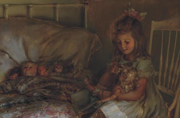 Oil on canvas painting by Charles Courtney Curran, titled Maternal Cares, signed and dated (est.  $60,000-$80,000).