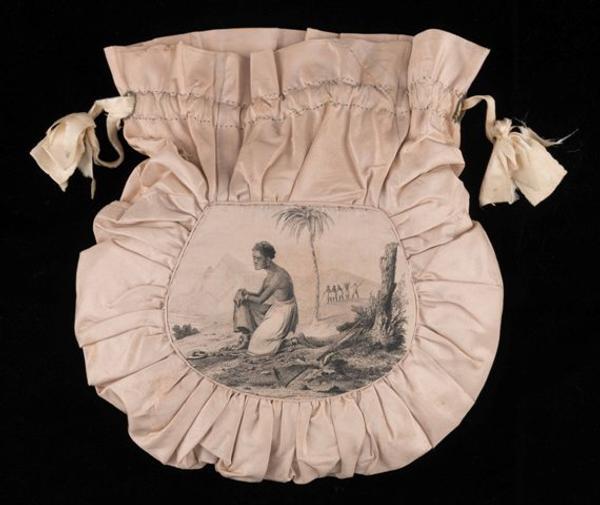 Workbag Female Society for Birmingham for the Relief of British Negro Slaves Birmingham, England, used in Christianstown, Ireland 1827 Silk and cotton, Museum Purchase, 2016-166