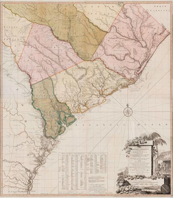 A Map of South Carolina and a part of Georgia…, published by William Faden (1750-1836) after William Gerard De Brahm (1718-ca.  1799) after Thomas Jeffreys (ca.  1710-1771), Great Britain, England, London, 1780, black and white line engraving with period hand color on laid paper, in two sheets: top sheet H: 28” x W: 48 ½”, bottom sheet H: 28” x W: 48 ½”, Museum Purchase, 2019-59, A&B