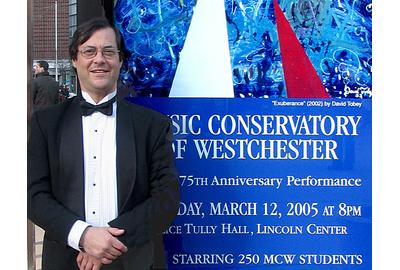 Honoree at the Alumni Reunion: MCW alumnus, musician, educator and teacher David Tobey at Lincoln Center for the Conversatory's 75th Anniversary Concert at Alice Tully Hall in 2005.  Tobey's painting "Exuberance" appeared on posters for the event and on the concert program cover, and he also conducted part of the orchestral presentation.  