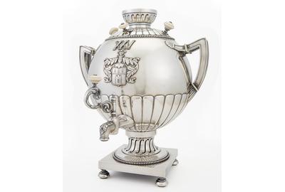 Fabergé Silver Samovar, Moscow, 1908-1917, Coat of arms of the Berdyaev family.  Est.  $35,000-55,000