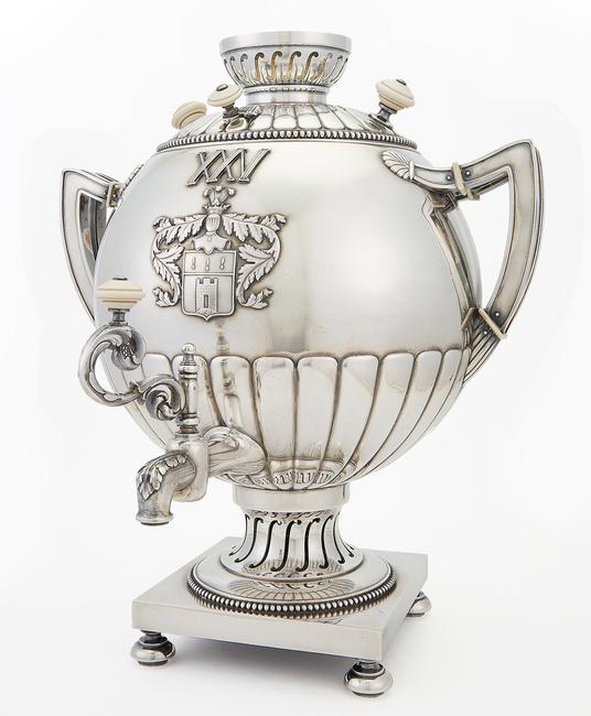 Fabergé Silver Samovar, Moscow, 1908-1917, Coat of arms of the Berdyaev family.  Est.  $35,000-55,000