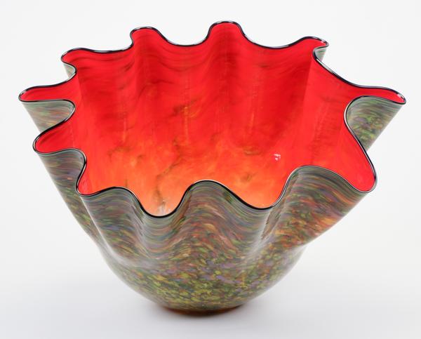 Dale Chihuly (American, b.1941) Monumental Carmine Macchia with Navy Lip Wrap, series M, 2000.  Provenance: Chihuly Studio.  Size: 21” x 28” x 33” Est.  $15,000-$25,000