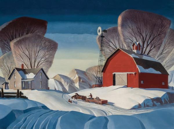 Large-format oil on canvas painting by the American Regionalist painter Dale Nichols (1904-1995), titled Mid-Nation Winter, 30 inches by 40 inches ($120,000).