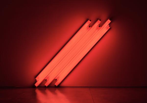 Dan Flavin.  untitled (to V.  Mayakovsky) 1, 1987.  six 4-foot red fluorescent lights 48 in.  (122 cm) on the diagonal.  Courtesy of Zeit Contemporary Art, New York