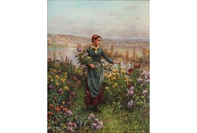 "Young Woman Picking Flowers" by Daniel Ridgeway Knight