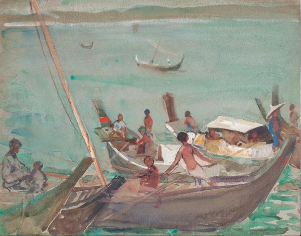 Day, Siamese Coast, S.S.  Malini Hilda May Gordon (1874-1972) Gouache 7 1/4 x 10 in.  Inscribed as title, verso