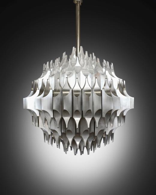 Unique and monumental ceiling light for Arredoluce, 1964-65 (estimate: $30,000-50,000), created by the seminal Lebanese architect and artist Sami El-Khazim for the World's Fair in New York in 1964.  Ex-collection: Shah of Iran