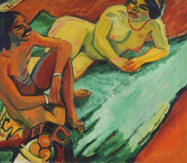 Hermann Max Pechstein (1881 Zwickau - 1955 Berlin) Weib mit Inder auf Teppich (Vorderseite), Früchte II (Rückseite).  1910.  Oil on canvas, painted on both sides.  71,5 x 82,5 cm (28,1 x 32,4 in).