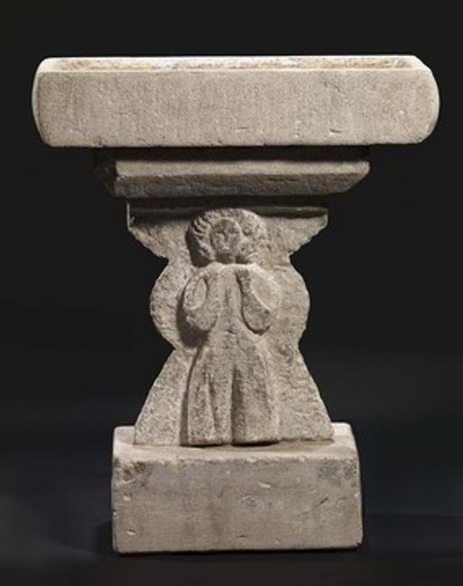 William Edmondson, Untitled (Bird Bath with Figures), 1932-1940.  Carved limestone.