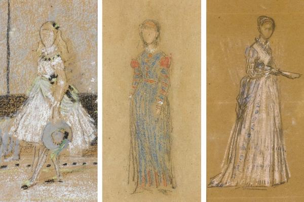 Whistler's pastel studies Miss Cicely Alexander (left) , Girl in a Long Blue and Red Dress (middle), and The Lady in the Long Pink Dress (right)