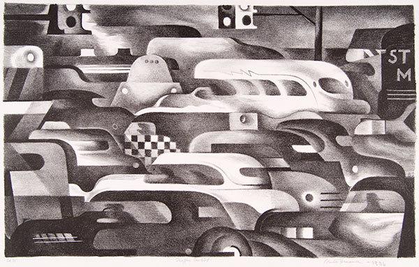 Benton Murdoch Spruance, Traffic Control, 1936, lithograph on woven paper, 9 × 14 3/8 in.  The Huntington Library, Art Collections, and Botanical Gardens.  Purchased with funds provided by Russel I.  and Hannah S.  Kully.  Image courtesy of bentonspruance.com.