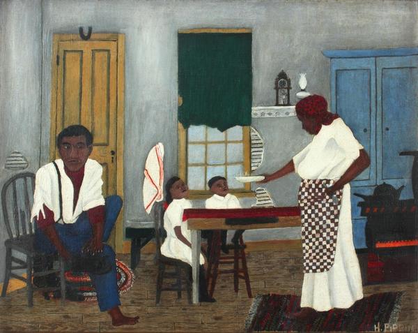 Horace Pippin, American, 1888-1946; Sunday Morning Breakfast, 1943; oil on fabric; 16 x 20 inches; Saint Louis Art Museum, Museum Funds; Friends Fund; Bequest of Marie Setz Hertslet, Museum Purchase, Eliza McMillan Trust, and Gift of Mrs.  Carll Tucker, by exchange 164:2015.  