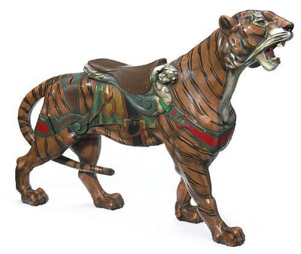 A Fine carved and painted carousel tiger by Gustav Dentzel, Philadelphia, circa 1905, sold for $45,000 at Bonhams on Dec.  6.