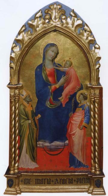 Gherardo di Jacopo Starnina (Florence, documented 1387-1409, died before 1413) Virgin and Child with Saint Nicholas of Bari and Saint Stephen.  Tempera on panel, 37¾ x 19⅞ in, 96 x 50.5 cm.