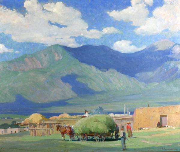 Oscar E.  Berninghaus, Haying Time in Taos (Alfalfa Time/Mountains in Taos),ca.  1928-1930, oil on board Gift of Linda D.  Taplick and James W.  Miller.  