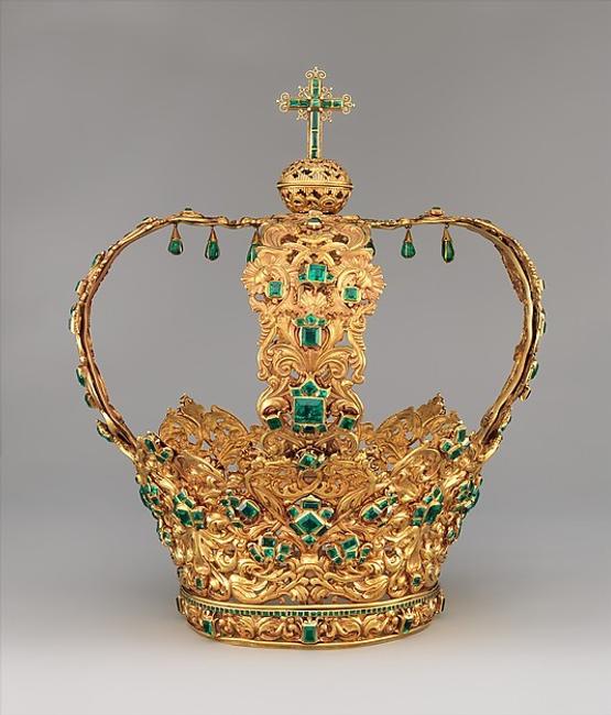 Crown of the Virgin of the Immaculate Conception, known as the Crown of the Andes.  Colombia; Popayán, ca.  1660 (diadem) and ca.  1770 (arches).  Gold, repoussé and chased; emeralds.  Purchase, Lila Acheson Wallace Gift, Acquisitions Fund and Mary Trumbull Adams Fund, 2015 