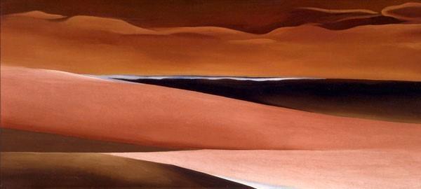 Georgia O'Keeffe, Desert Abstraction (Bear Lake), 1931, oil on canvas, 16 1/2 x 36 1/2 in.  On long term loan to the New Mexico Museum of Art from the Museum of New Mexico Foundation (1984.336) © Georgia O’Keeffe Museum.  Photo by Blair Clark.