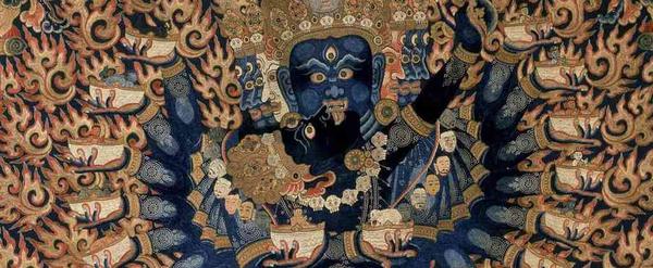 In "Faith and Empire," Hevajra (central detail); China; Ming dynasty, Yongle Period, ca.  1417–1423; silk embroidery; 81 x 131 cm; Pritzker Collection