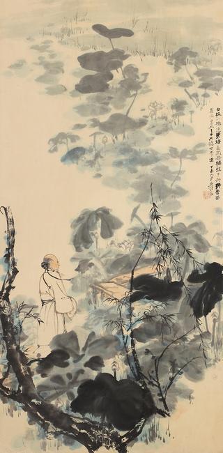 This work, titled The Lotus Pond, 1967, by Zhang Daqian will be offered with an estimate of $150,000-200,000.  Provenance: back cover of the May 10-31, 1970 exhibition catalog at Laky Gallery in Carmel, CA.  