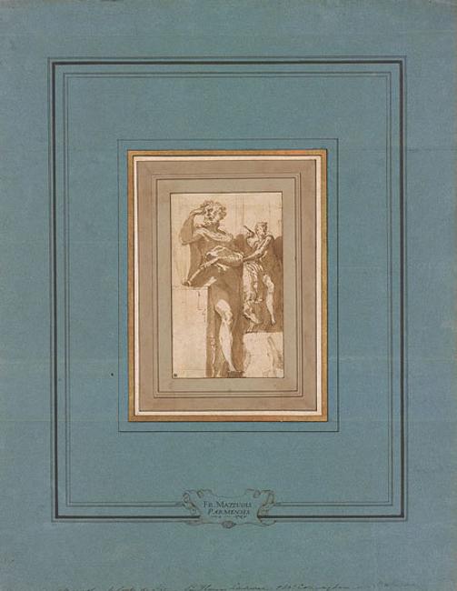 Girolamo Francesco Maria Mazzola, called Il Parmigianino (Parma 1503-1540 Casalmaggiore), Man Standing Beside a Plinth on which He Rests a Book, and a Study of Saint Luke, ca.  1530, Pen and brown ink, brown wash, on paper.  Purchased by Pierpont Morgan (1837–1913) in 1909.  The Morgan Library & Museum.