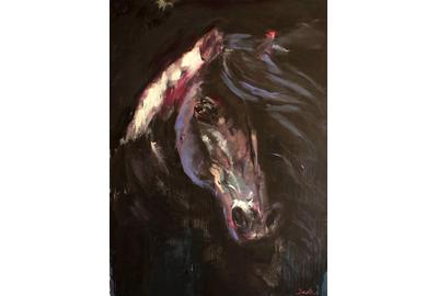 Dede Schumacher, Black Stallion, Oil on Canvas, 48'' x 36''