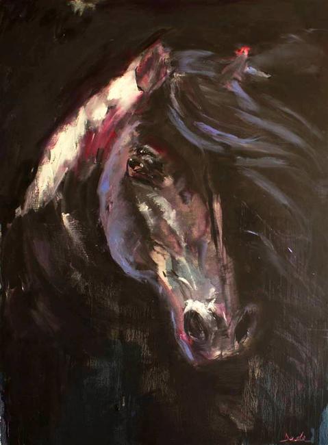 Dede Schumacher, Black Stallion, Oil on Canvas, 48'' x 36''